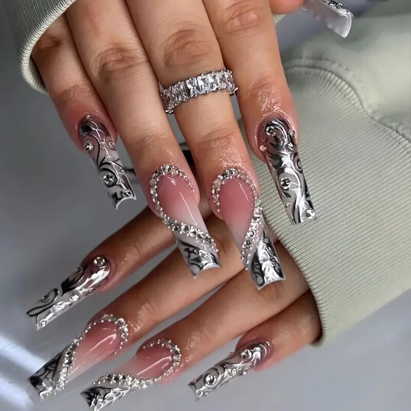 New cross-border European and American style nail piece with drill long square black French nail art three-dimensional love broken diamond wear nail