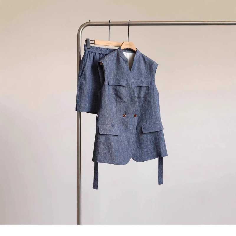 Relaxed and Casual French Imported Long Linen Twill Vest Soft Vest Shorts Suit