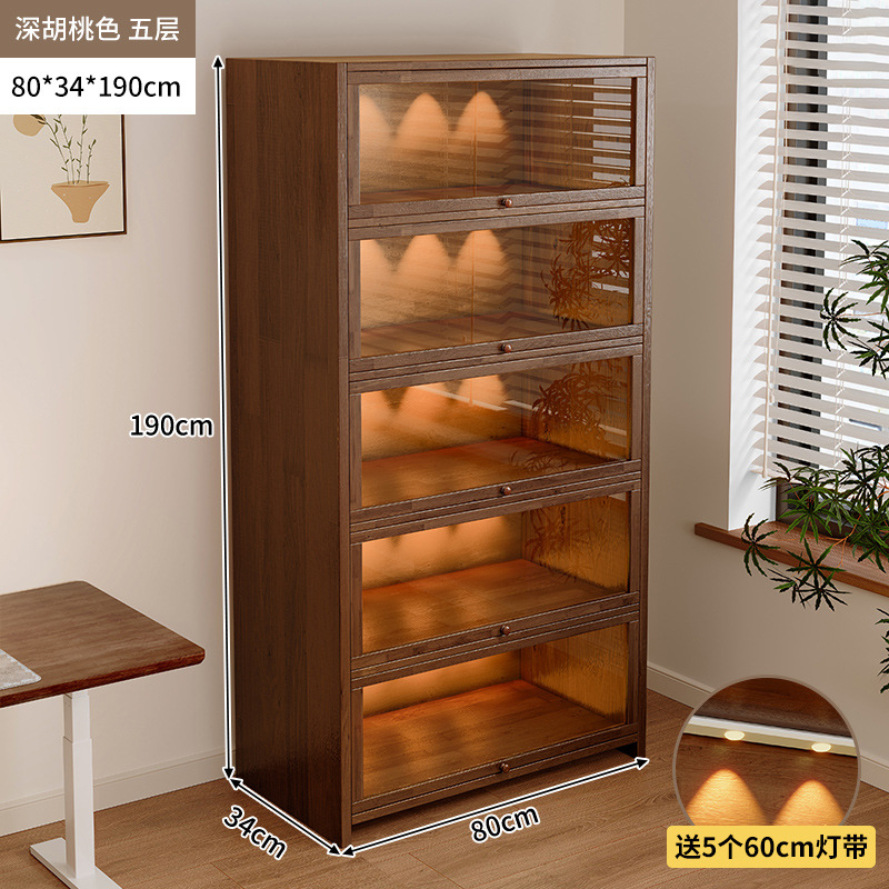 Librería de madera maciza a prueba de polvo integrada contra la pared Armario de almacenamiento de color nogal Armario de almacenamiento Armario de piso Estantería para el hogar