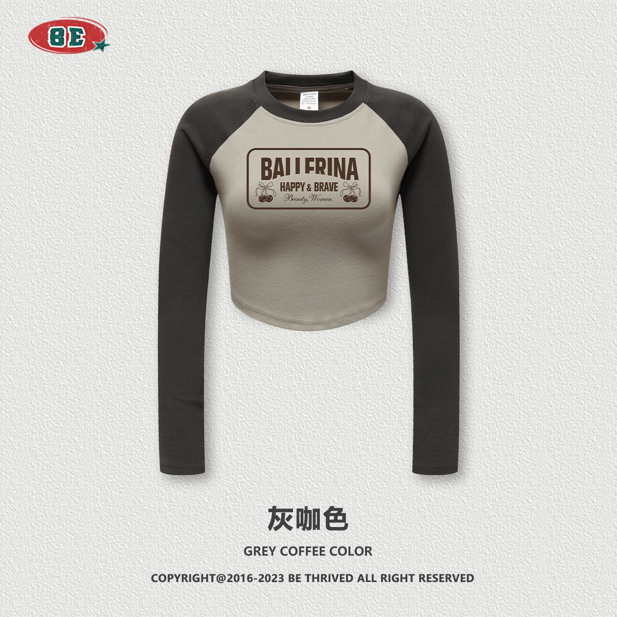 BE ropa de mujer | 2025 otoño e invierno retro americano marca de moda raglán estampado de contraste camiseta de manga larga chica caliente blusa corta mujer image 9