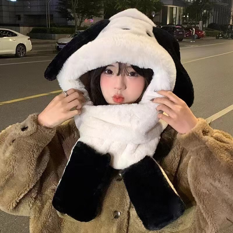 新款可爱毛绒帽子围巾手套一体帽女秋冬季卡通保暖骑车加厚护耳帽|undefined