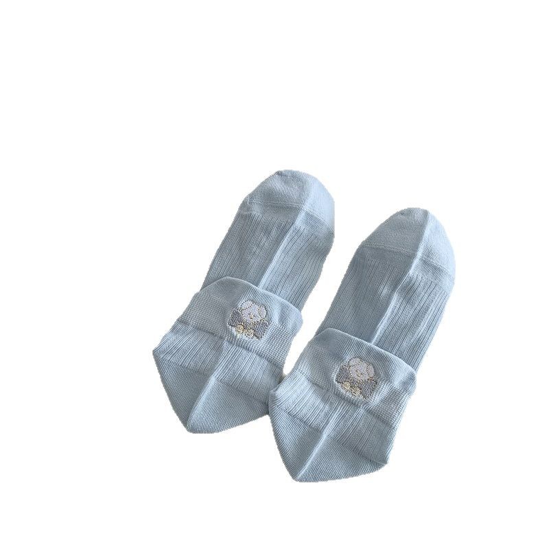Calcetines de mujer de algodón primavera-verano con osito bordado, estilo kawaii, cómodos y transpirables.