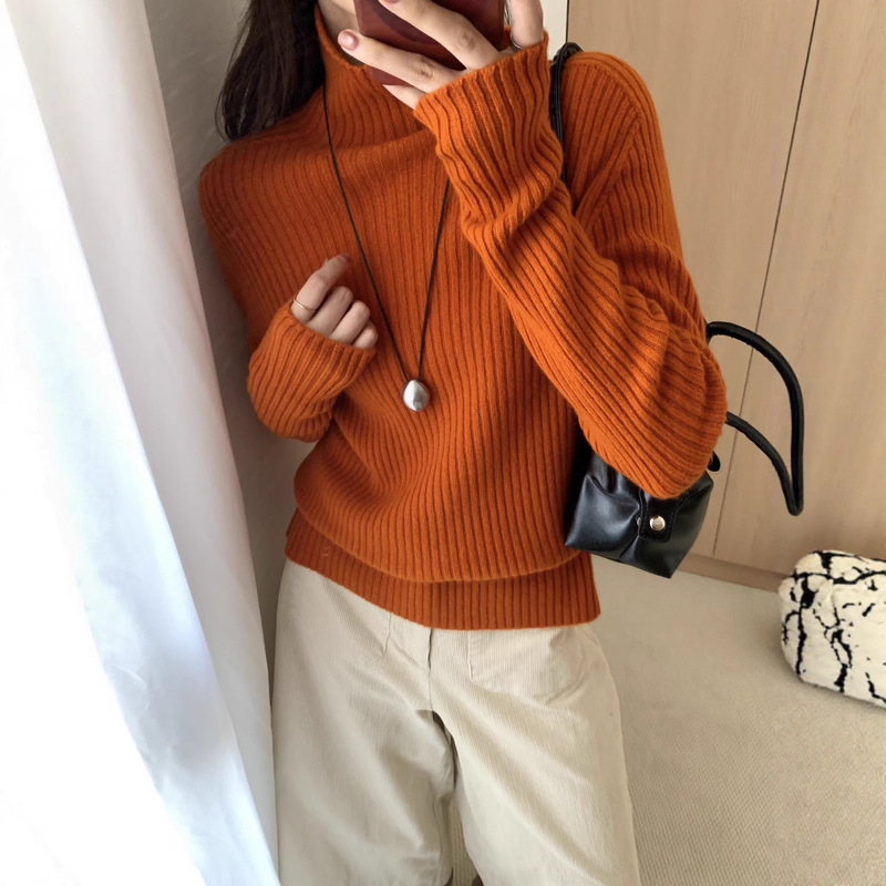 Women's Turtleneck Sweater Autumn and Winter Versatile 2025 New Pure Wool Sweater Bottoming Knitwear Vertical Strip Thick Pullover Top