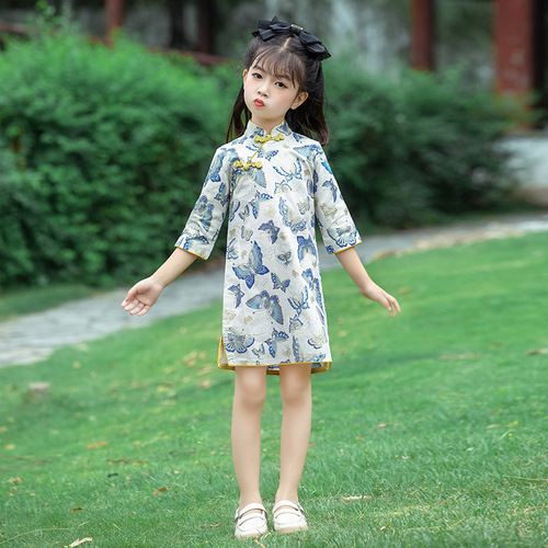 Girls 24 spring and autumn new mid-sleeve cheongsam dress baby children's dress dress retro literary Chinese style