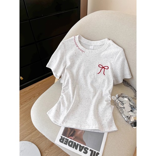 (40 pcs 92% cotton 8% spandex bow embroidery front-closing sleeveless t-shirt for women summer polka dot short style)