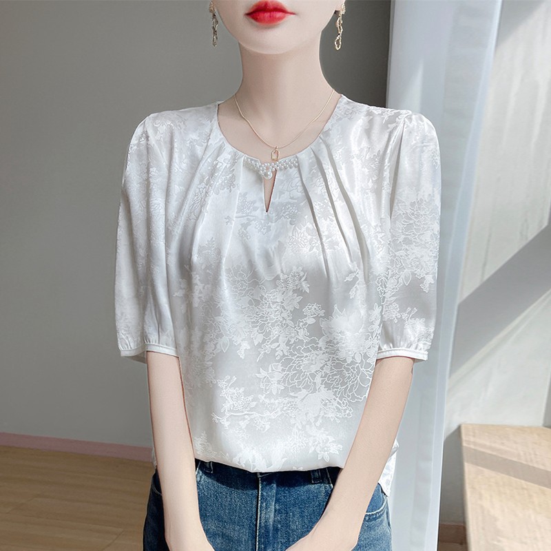 高端大气缎面圆领短袖女精美感洋气提花遮肉减龄宽松休闲衬衣小衫