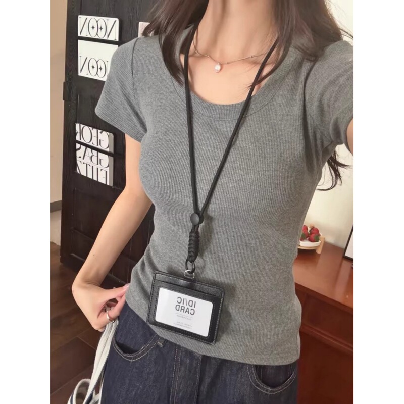 Gray American-Style Spicy Girl Slim-Fit Premium Cotton U-Neck Regular Shoulder Short-Sleeve T-Shirt for Women, Summer Simple Versatile Slimming Waist-Cinching Top Gray American-Style Spicy Girl Slim-Fit Premium Cotton U-Neck Regular Shoulder Short-Sleeve T-Shirt for Women, Summer Simple Versatile Slimming Waist-Cinching Top