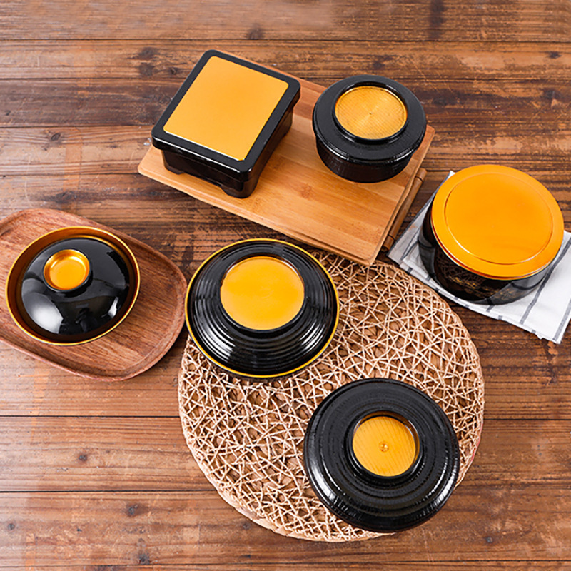 Japanese style with gold lacquerware suit plastic plate round commercial household plate tray sushi bucket sashimi box container
