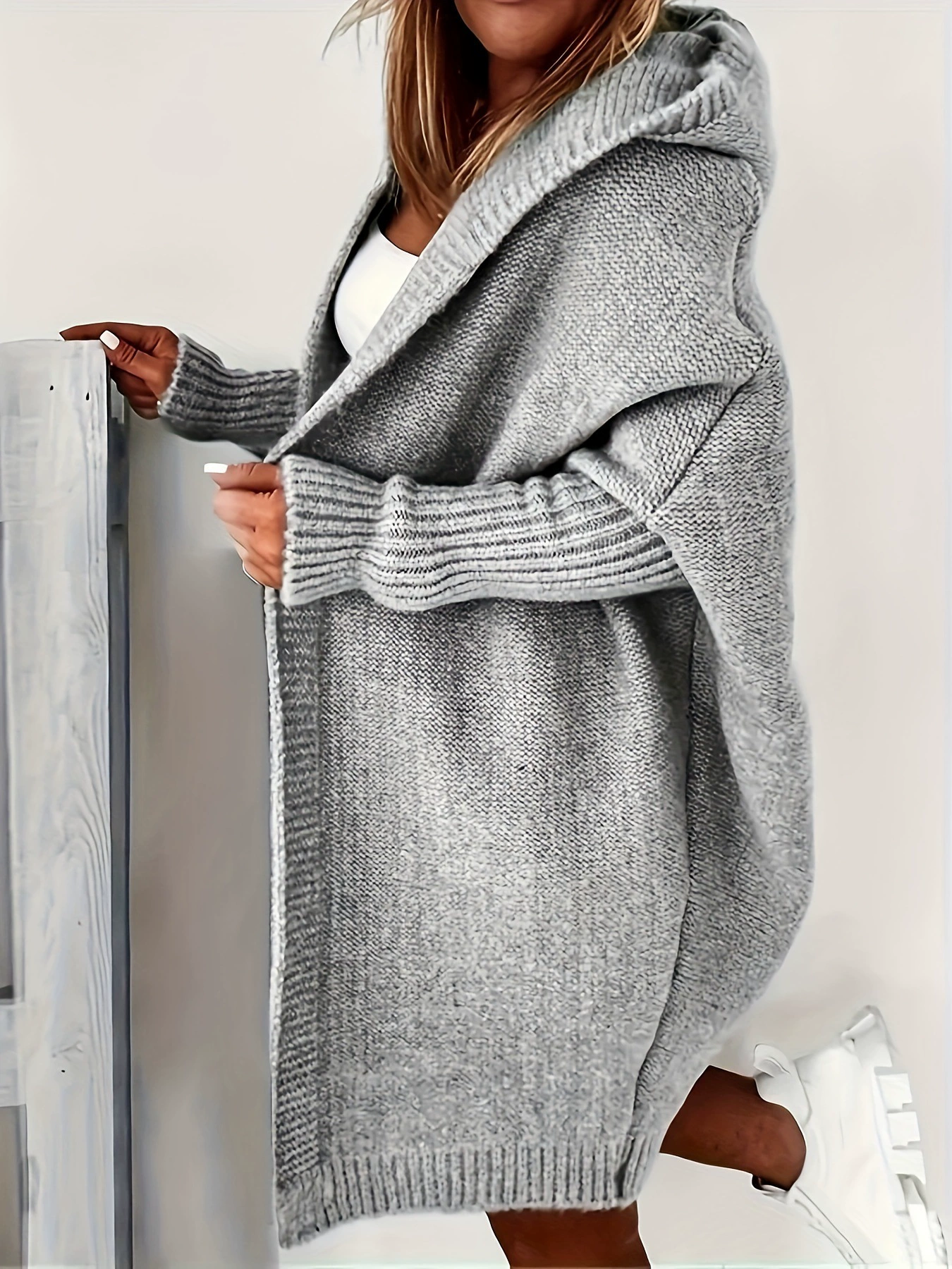 Женский oversize кардиган-свитер с капюшоном, длинный открывающийся перед,