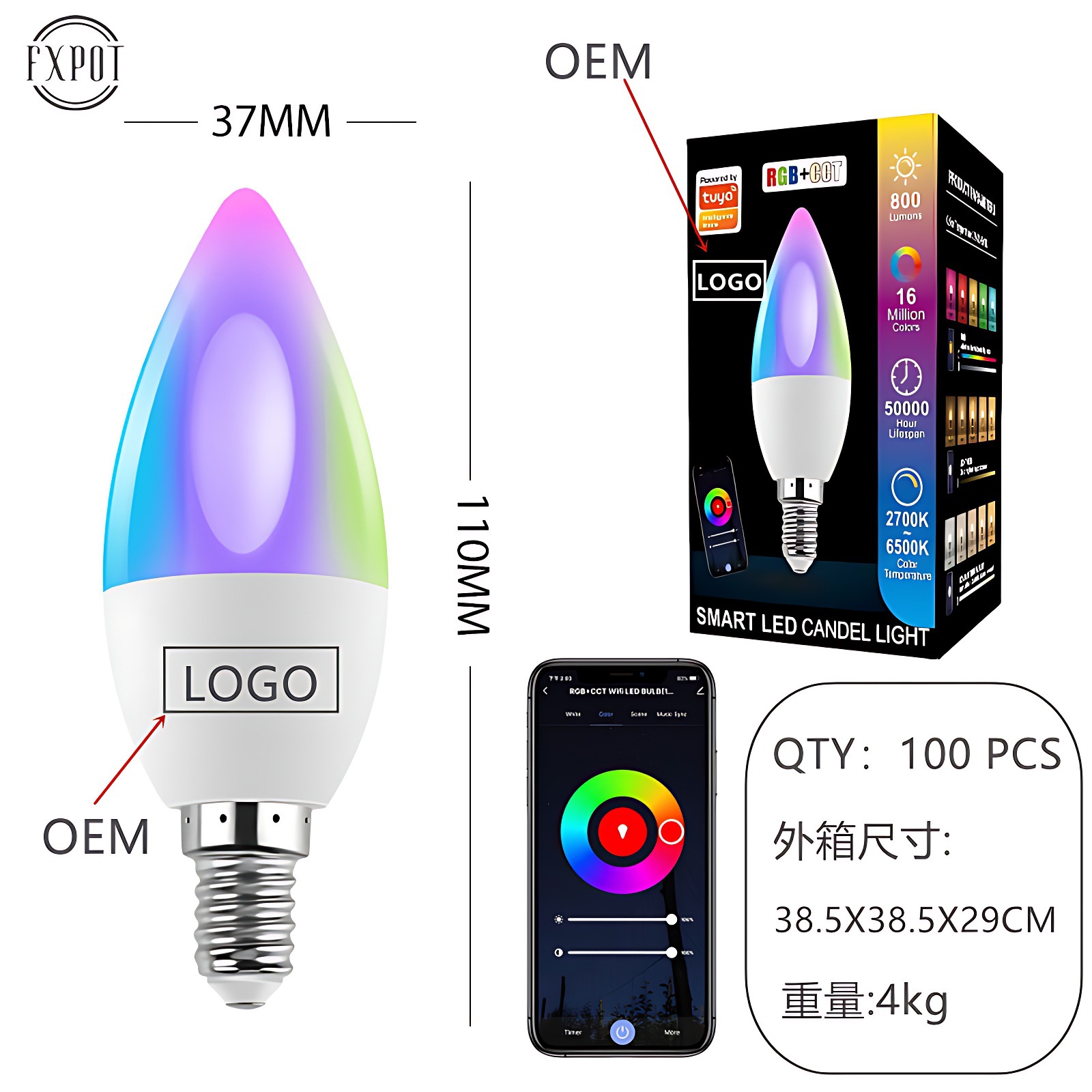 Custom graffiti intelligent 5W E14 candle bulb RGBCCT dimming color temperature timing dual-mode wifi candle light C37