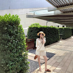 デザイン中空刺繍Vネック半袖シャツレディース夏オールドマネースタイルスーツリネンワイドレッグショーツ2点セット