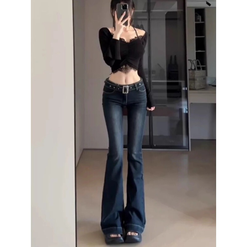 Dark Blue Low-Waist Slim-Fitting Micro-Flared Jeans for Women in Autumn and Winter New Slimming Look Butt-Lifting Floor-Length Micro-Flared Long Pants