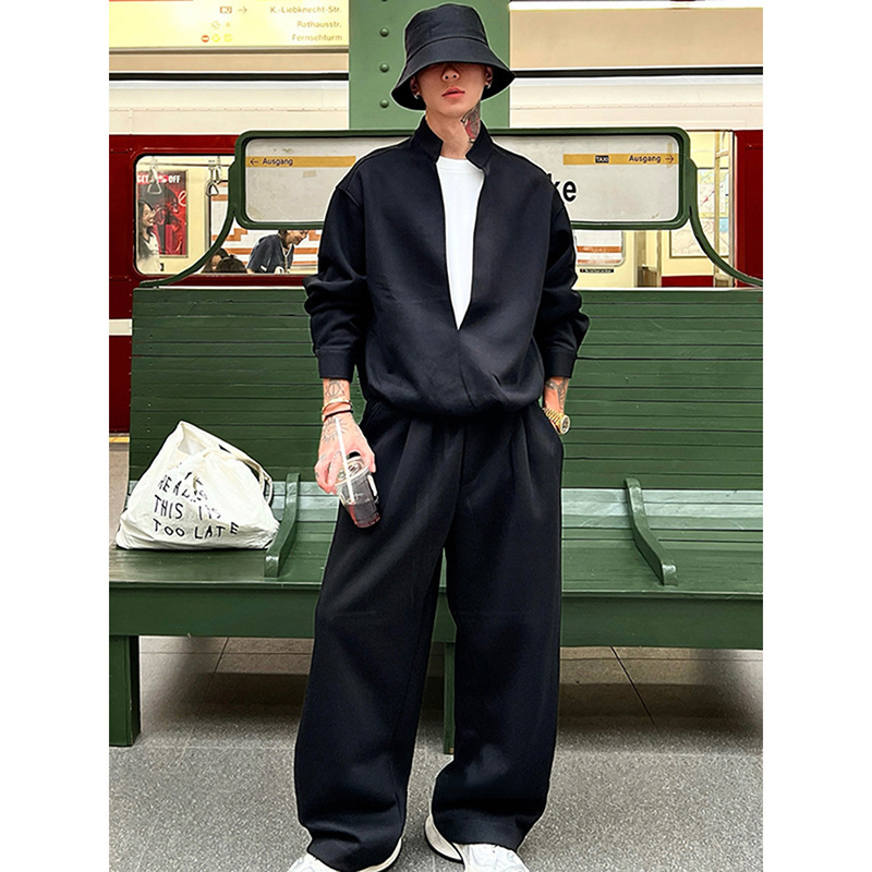 Black Fake Two-Piece Sports Sweatshirt Suit for Men, Autumn and Winter High-End, Handsome and Heavy Casual Set, Handsome