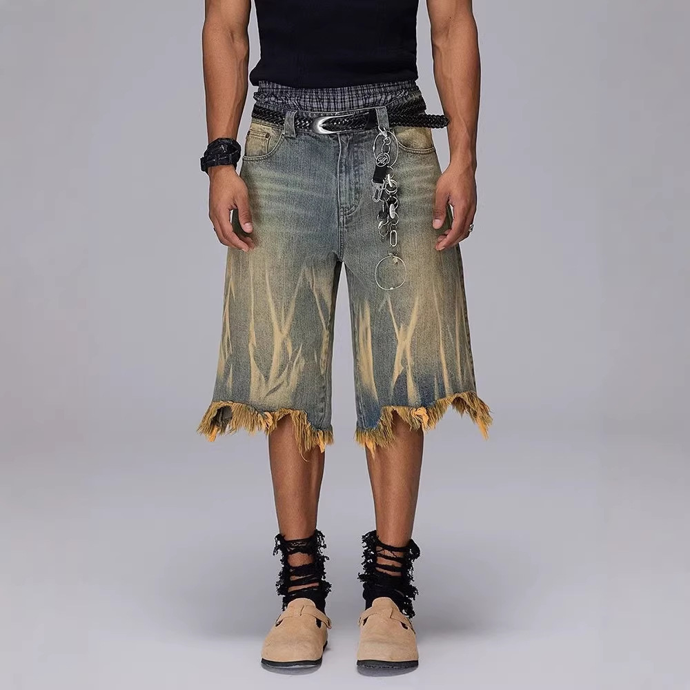Men's Washed Denim Shorts Trendy Brand Loose Fit Cropped Style Distressed Finish Yellow Mud Dye Summer Casual Clothing_mkmklike.com