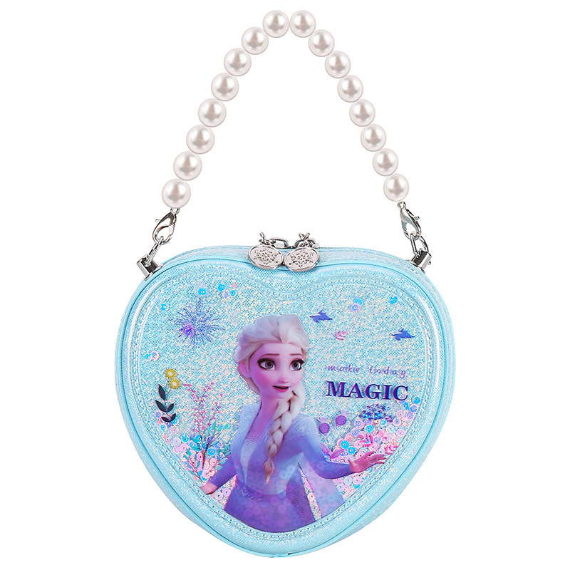 Bolso de Princesa para Niñas 2022, Bolso de Mano de PU con Perlas de Moda, Bolso Bandolera con Forma de Corazón de Frozen