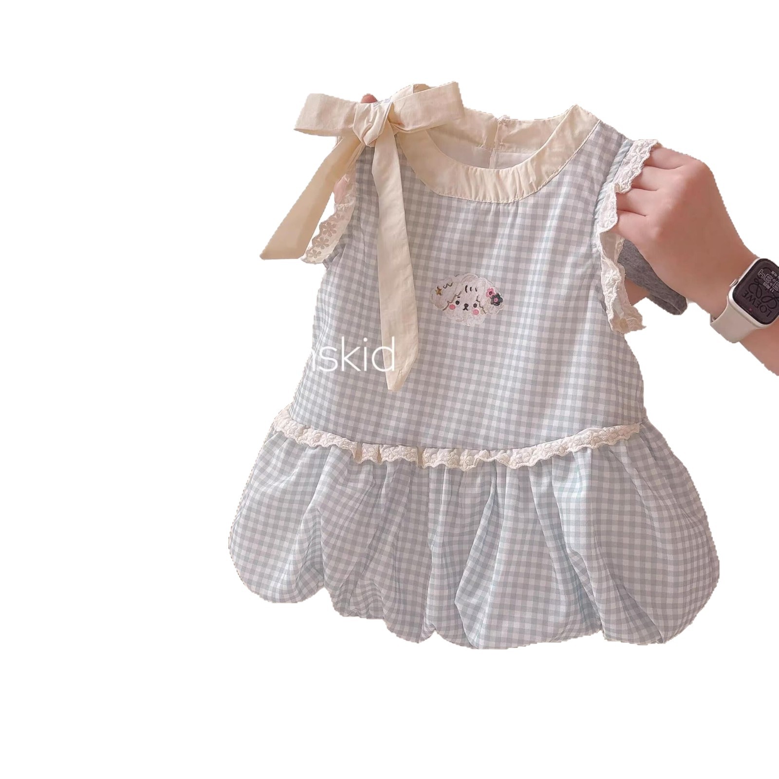 Vestido de siete niñas de limón salado verano dulce lazo azul y blanco a cuadros tesoro femenino lindo chaleco de botones vestido de princesa