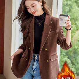红色小香风西装外套女春秋夹棉厚款小个子气质休闲金丝绒西服上衣