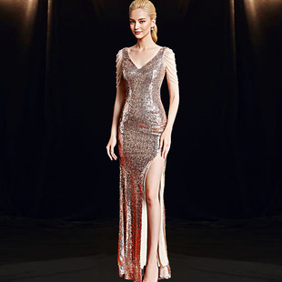 Evening dress women's elegant light luxury niche high-end banquet high-end heavy work sequined long fishtail dress