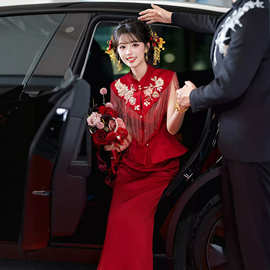 新中式敬酒服2026夏季新款高端新娘婚宴订婚服套装出阁宴红色礼服