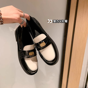 Black Thick-Soled Loafers for Women 2025 New Autum British Style Small Leather Shoes Retro Small Gold Coin Thick Heel Flats