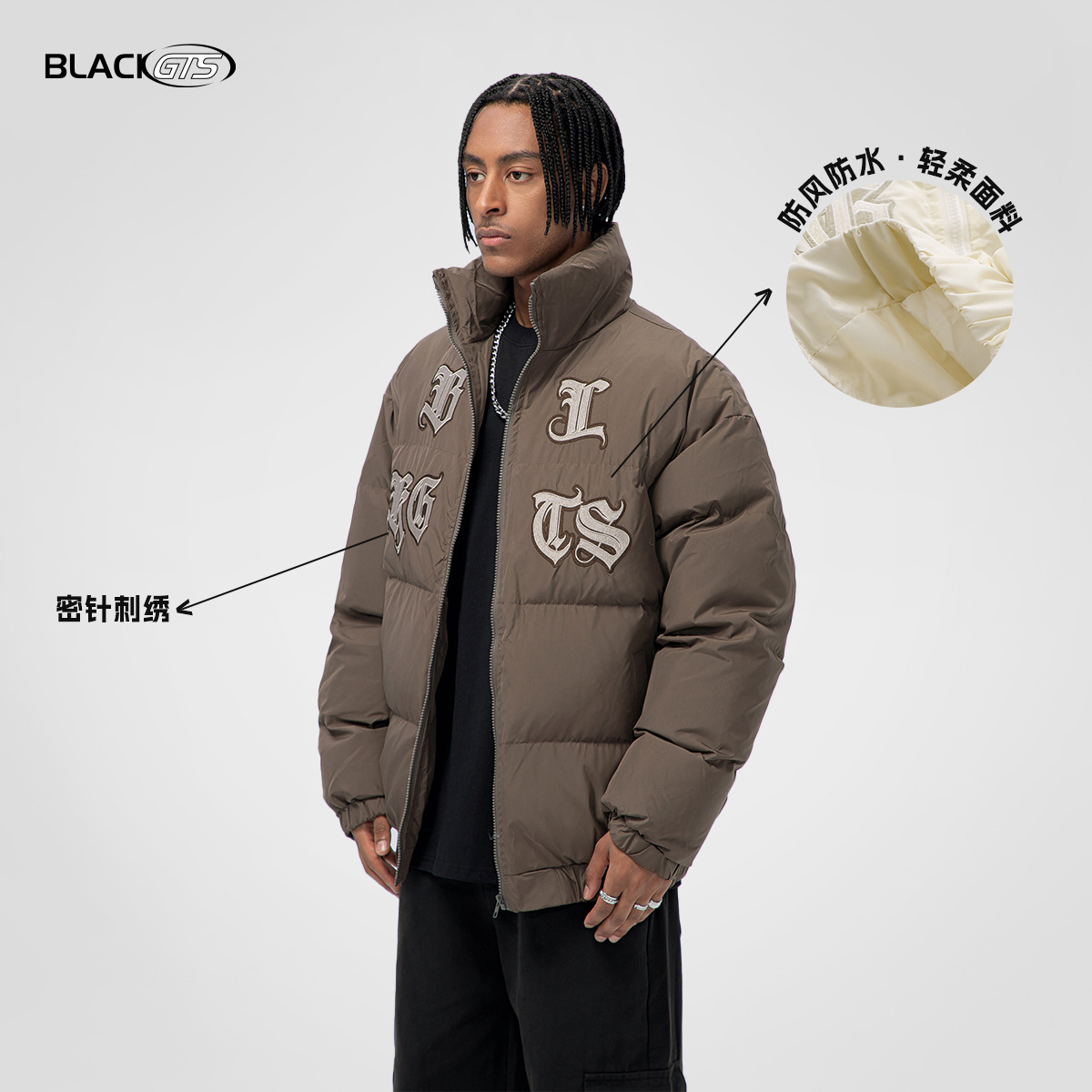 GTS otoño e invierno marca de moda estadounidense ropa de algodón acolchado bordado de letras góticas ropa neutra de algodón acolchado ropa de cuello de pie ropa de algodón acolchado ropa de pan suelto