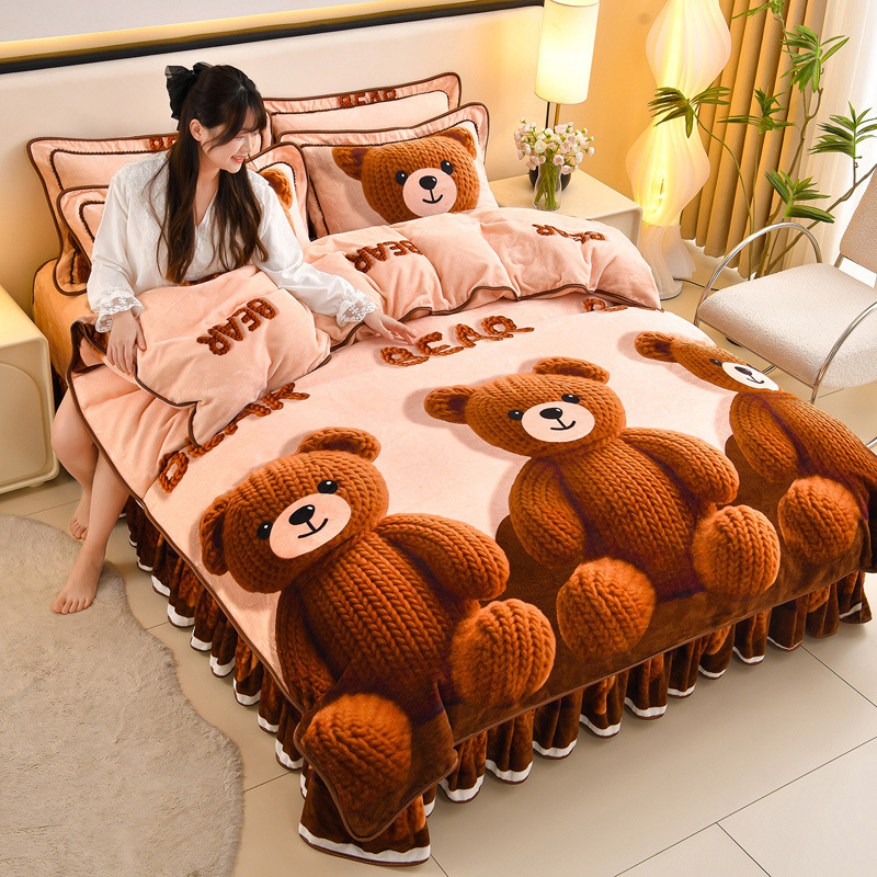 New Winter 4kg Milk Flannel Gold Mink Flannel Four-Piece Set Live Hot Style Warm Thickeneded Quilt Cover Category a