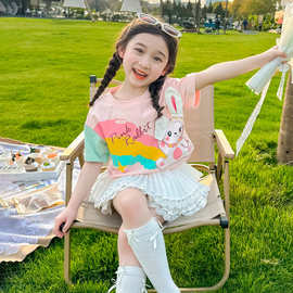 女童夏装套装甜美风T恤26新款儿童短袖洋气女宝夏季百褶短裙子