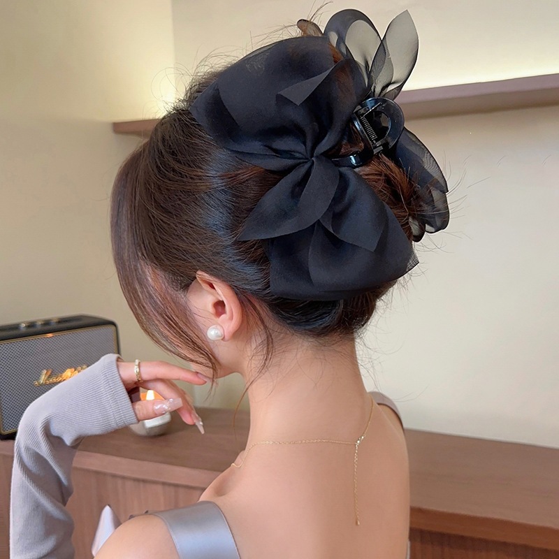Satín de alta sensación, arco negro grande, clip de tiburón, toque de cabeza, clip de nube, clip de agarre, clip de cabello, tarjeta de cabello de mujer