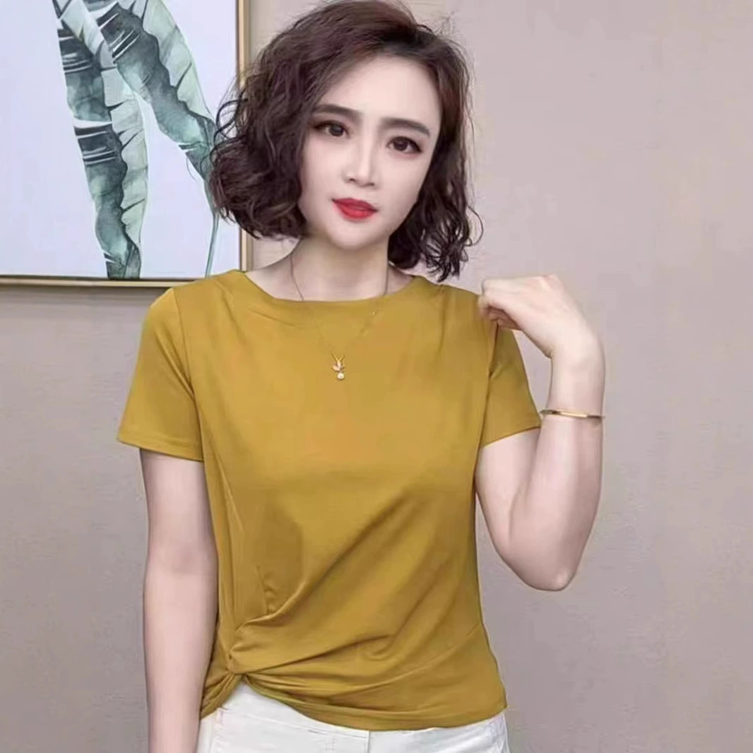 Новая летняя женская модная универсальная футболка больших размеров с рюшами и короткими рукавами и круглым вырезом для мамы, закрывающая живот.