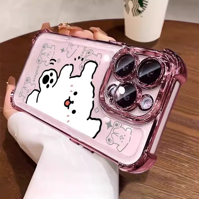 Four-corner airbag electroplated shell-pink-line white dog