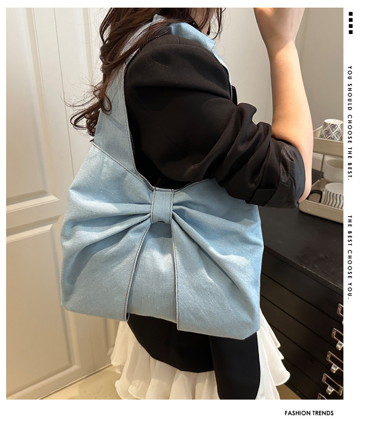 262g Weight Women's Large Denim Bow Knot Streetwear Sewing Thread Square Open Tote Bag