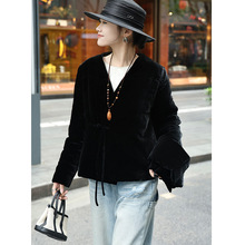 黑色真丝丝绒棉服2025冬季新款新中式金丝绒夹棉外套女，不退不换