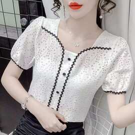 高档蕾丝小衫新款小众设计夏季短袖衫钩花镂空衬衫淑女气质上衣女