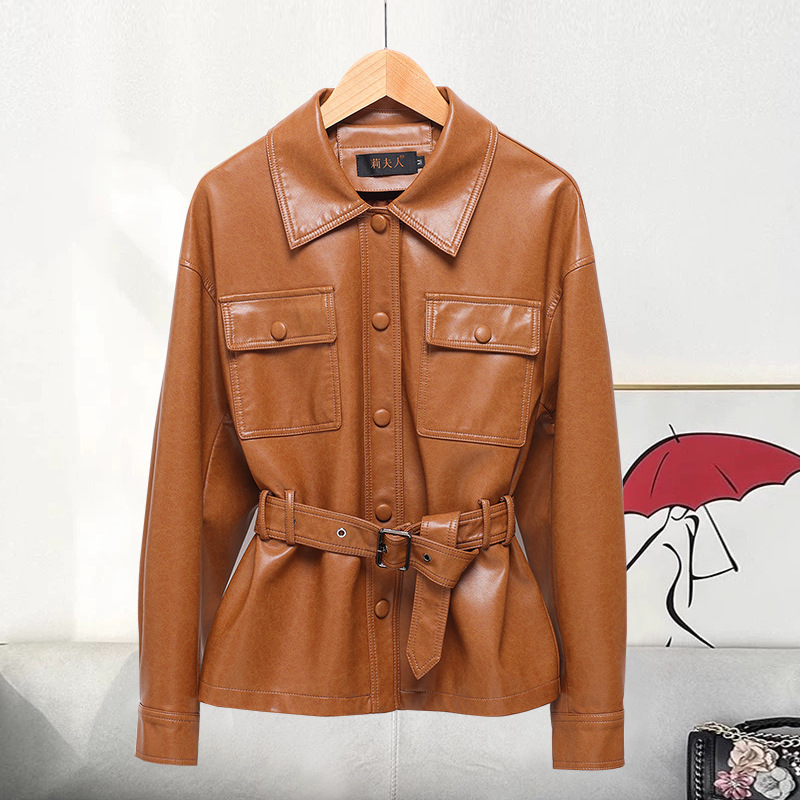 2026 Spring and Autumn New Haining Short Leather Jacket for Women, Slim Fit Biker Style with Turn-Down Collar, Plus Size Leather Coat 2026 Spring and Autumn New Haining Short Leather Jacket for Women, Slim Fit Biker Style with Turn-Down Collar, Plus Size Leather Coat