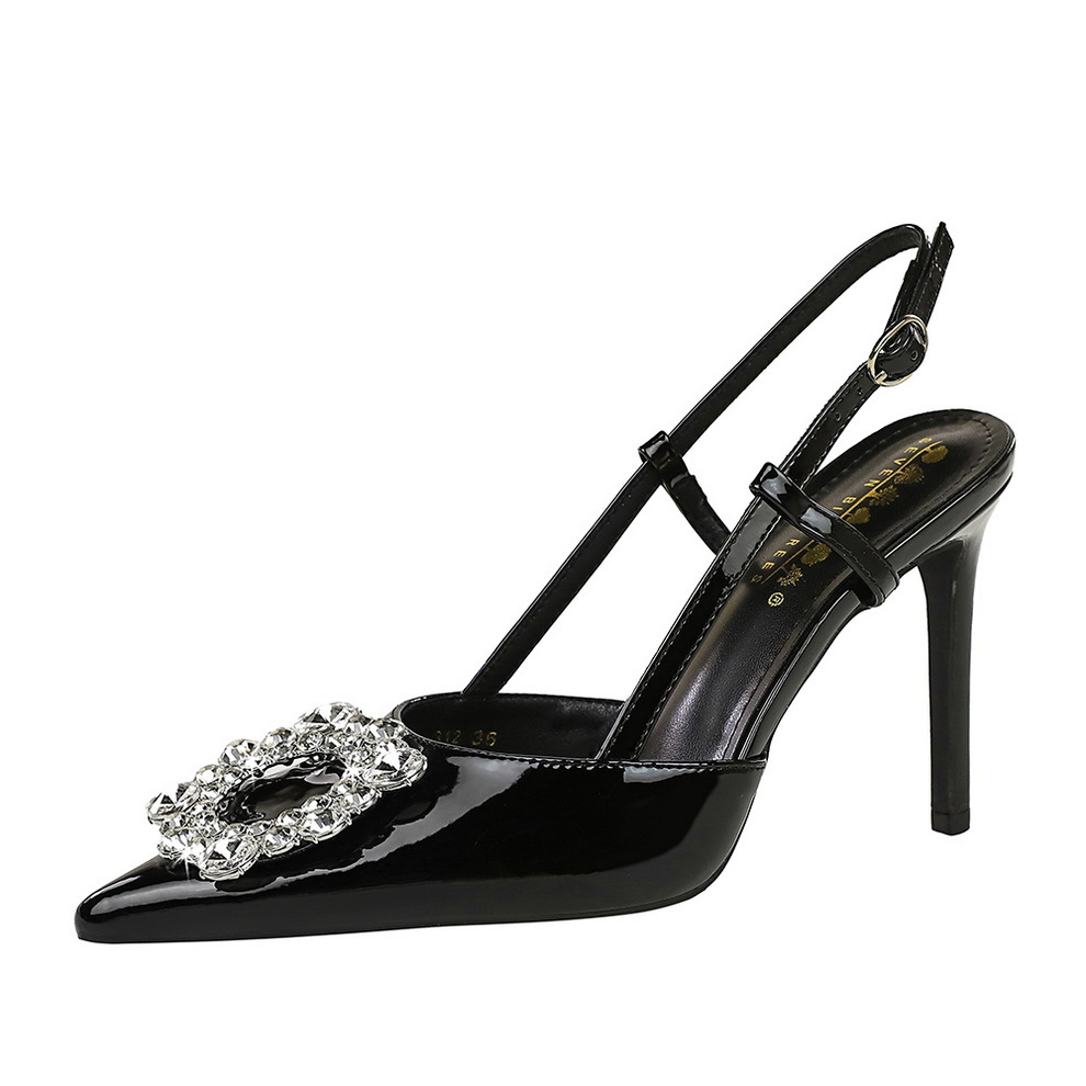312-K118 European And American Style Fashion Rhinestone Hollow Stiletto High Heels Women Patent Leather Shiny Back Strap_vogvips.com