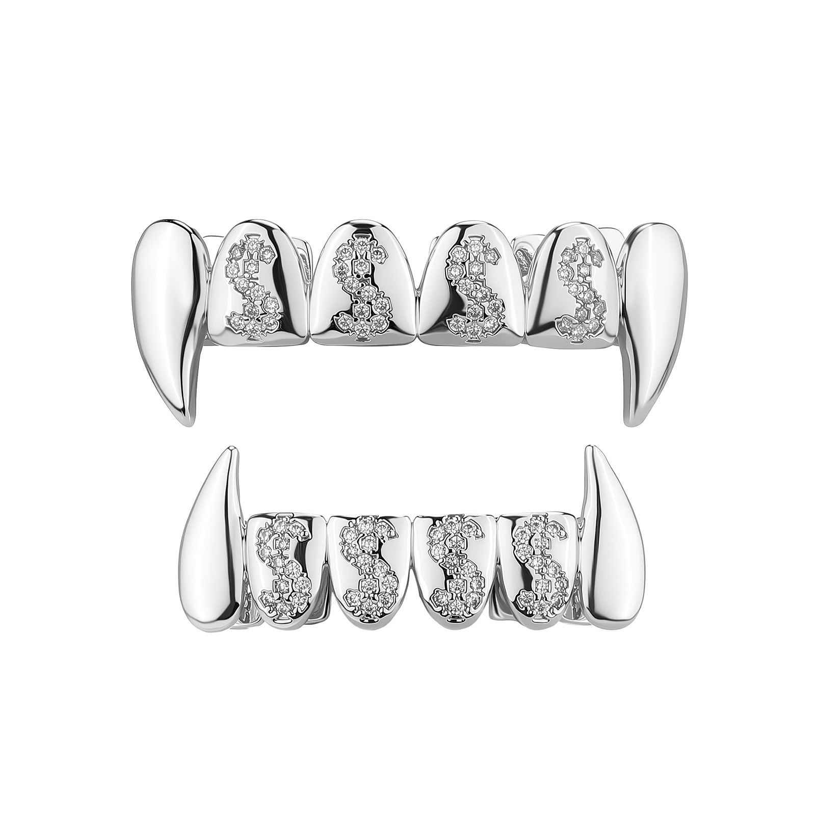New European American Vampire Fangs With Full Diamonds, Upper Lower Braces, Halloween Trendy And Cool_voghion.com