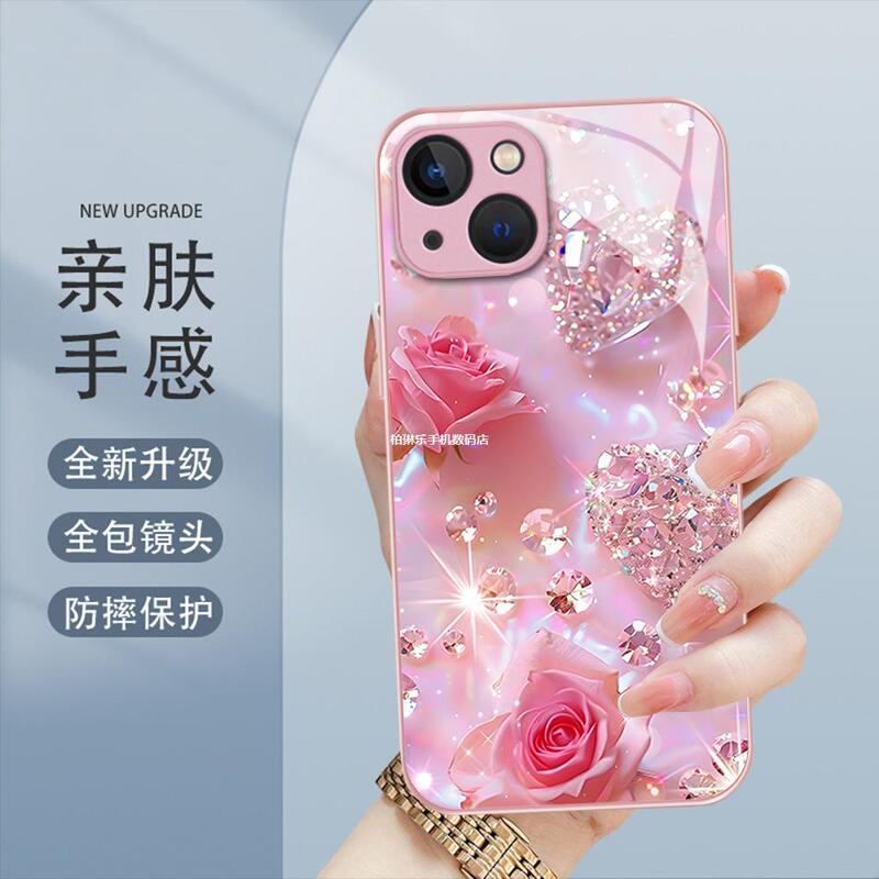 17Air Sparkling Diamond Rose Phone Case 13Pm Protective Cover Pink Glass Case Iphone14 for Girls 15Pro Small