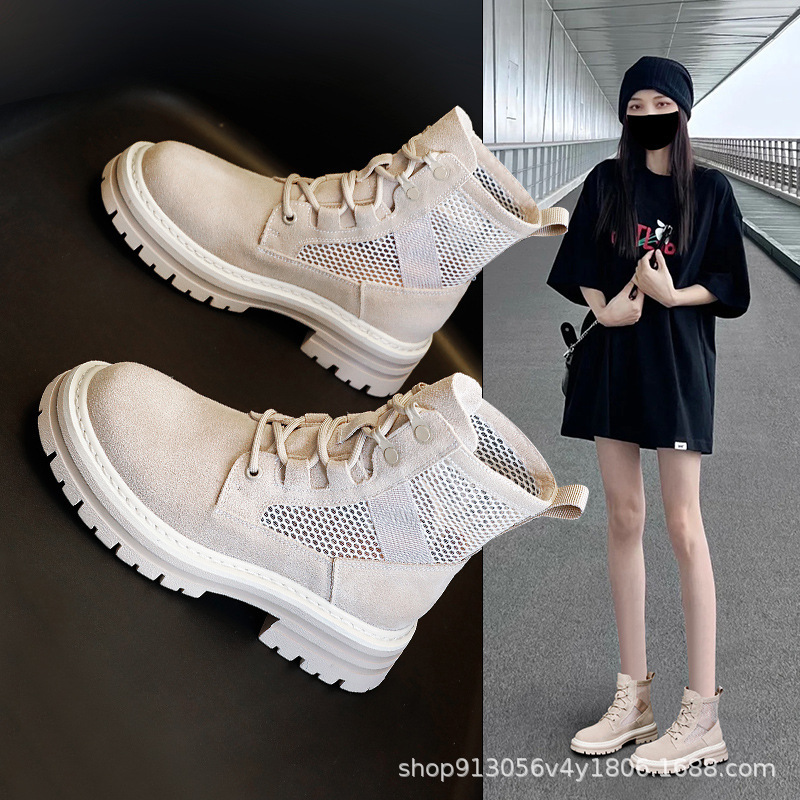 마틴 부츠 여성용 메쉬 2025년 여름 신상품 천연 가죽 통기성 숏부츠 여성용 한국 스타일 다용도 얇은 대형 노란색 부츠