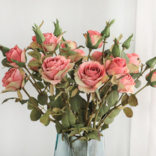仿真假花3頭復古焦邊玫瑰 客廳玄關布置仿真多頭單枝白色玫瑰花束