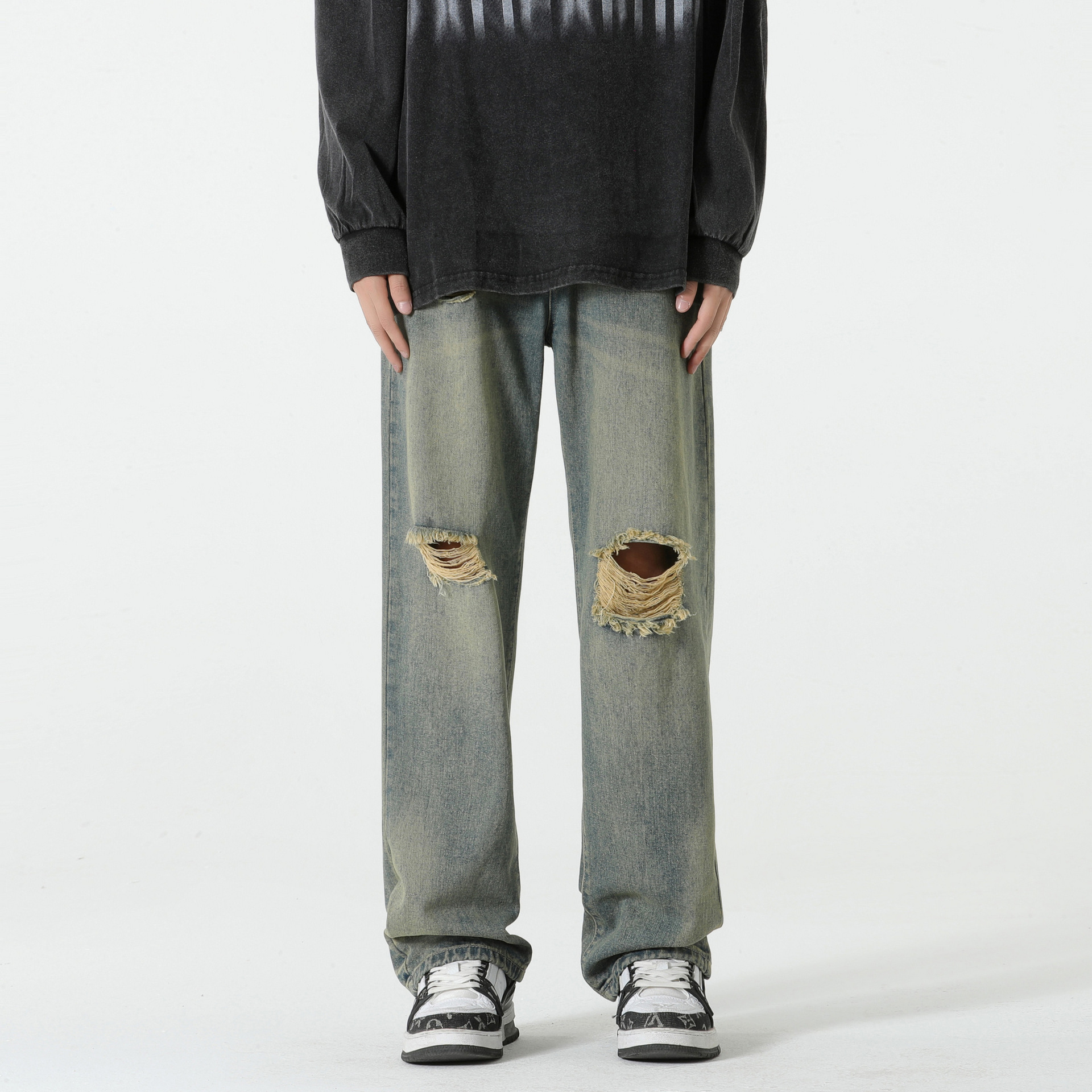 Pantalones vaqueros rasgados de los hombres de hip hop de la calle Otoño e Invierno nuevos pantalones sueltos de pierna ancha de la calle alta pantalones americanos azules retro de los hombres