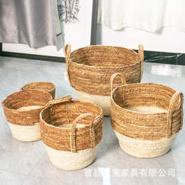 新款双色拼接编织收纳筐多规格手工编织花盆家居装饰杂物篮脏衣篓