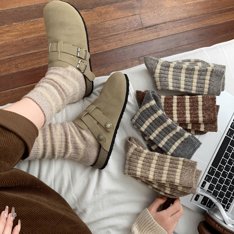 Autumn and Winter Thickened Thick Striped Warm Cashmere Mid-tube Women's Socks Women's Japanese Style Thin Velvet Winter Stacks