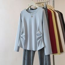 纯棉设计感春秋新款褶皱收腰圆领长袖弧形下摆不规则T恤百搭上衣