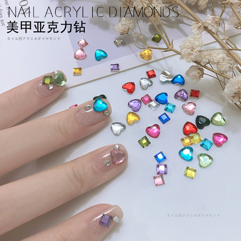 New style nail drill Net red same style white love Diamond popular square diamond flat acrylic Super Flash nail jewelry