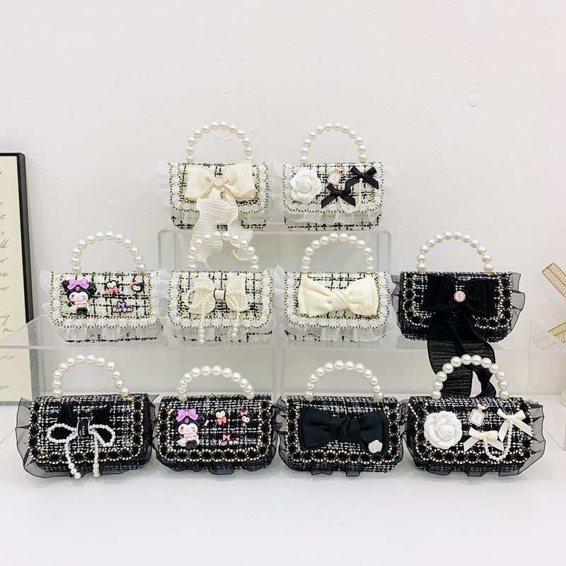 Nueva cadena bolso de mochila para niños negro y blanco tweed pequeño viento fragante bolso de hombro de niñas lindos bolsos de perlas