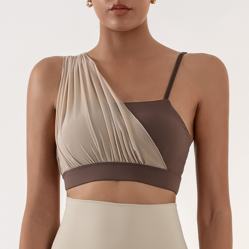 Sujetador deportivo transfronterizo para mujer con almohadilla para el pecho Yoga entrenamiento de fitness costura de malla color de contraste alta elasticidad secado rápido nude sujetador
