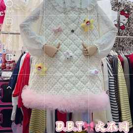 大不同冬季新款韩版菱形格夹棉波点蕾丝花边背心裙