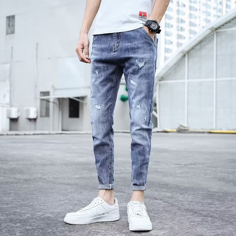 Men's Trendy Summer Thin Light-Colored Slim Fit Skinny Stretch Casual Straight Versatile Washed Jeans