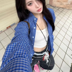 蓝色格子Polo领衬衫女春秋新款开衫宽松休闲防晒长袖衬衣上衣外套