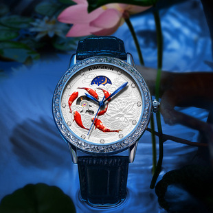 New Jinshidun Famous Watch 3D Embossed Koi Hollow Automatic Mechanical Watch Moon Phase Watch Men's Waterproof Men's Watch